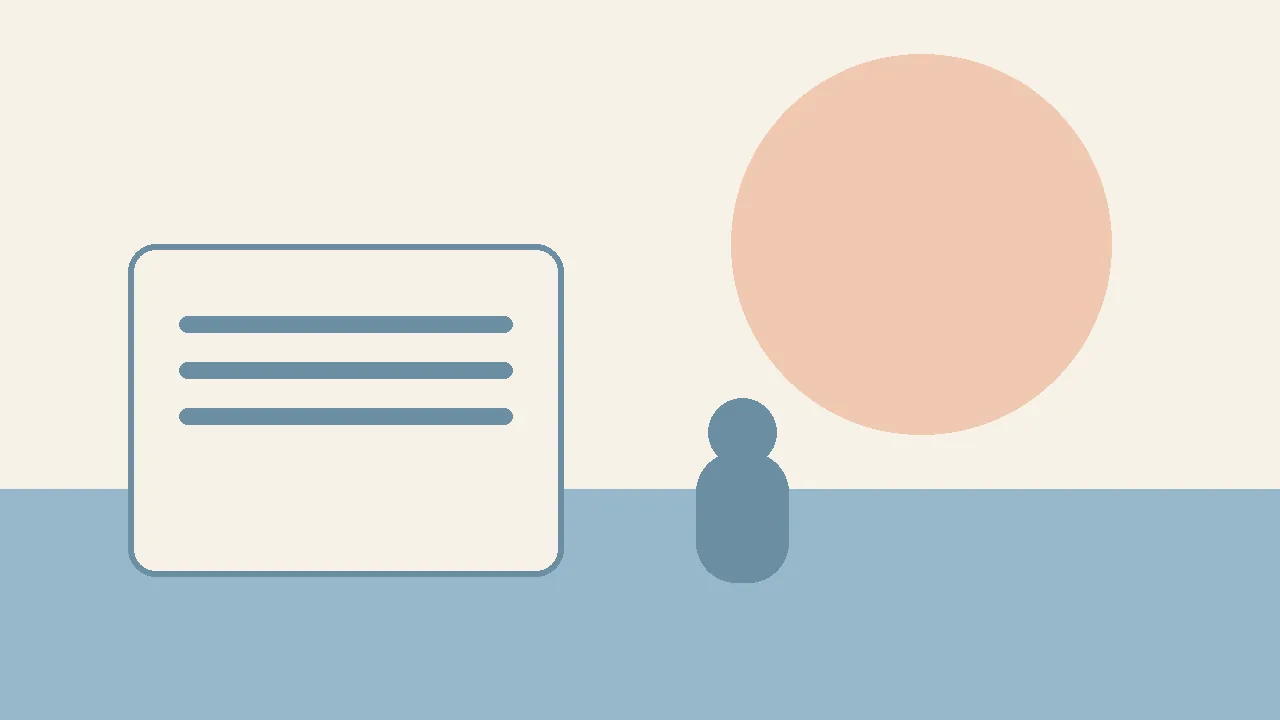 A flat illustration of an open social story booklet with a red audit checkmark, on a school SLP desk in a calm classroom.