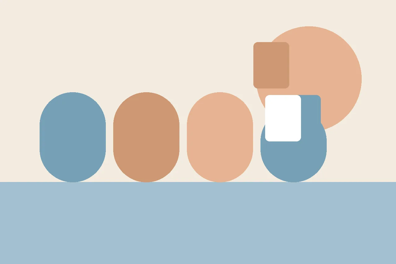 Abstract flat illustration in muted sand and blue tones showing document-shaped cards and rounded columns, representing a school accommodation plan.
