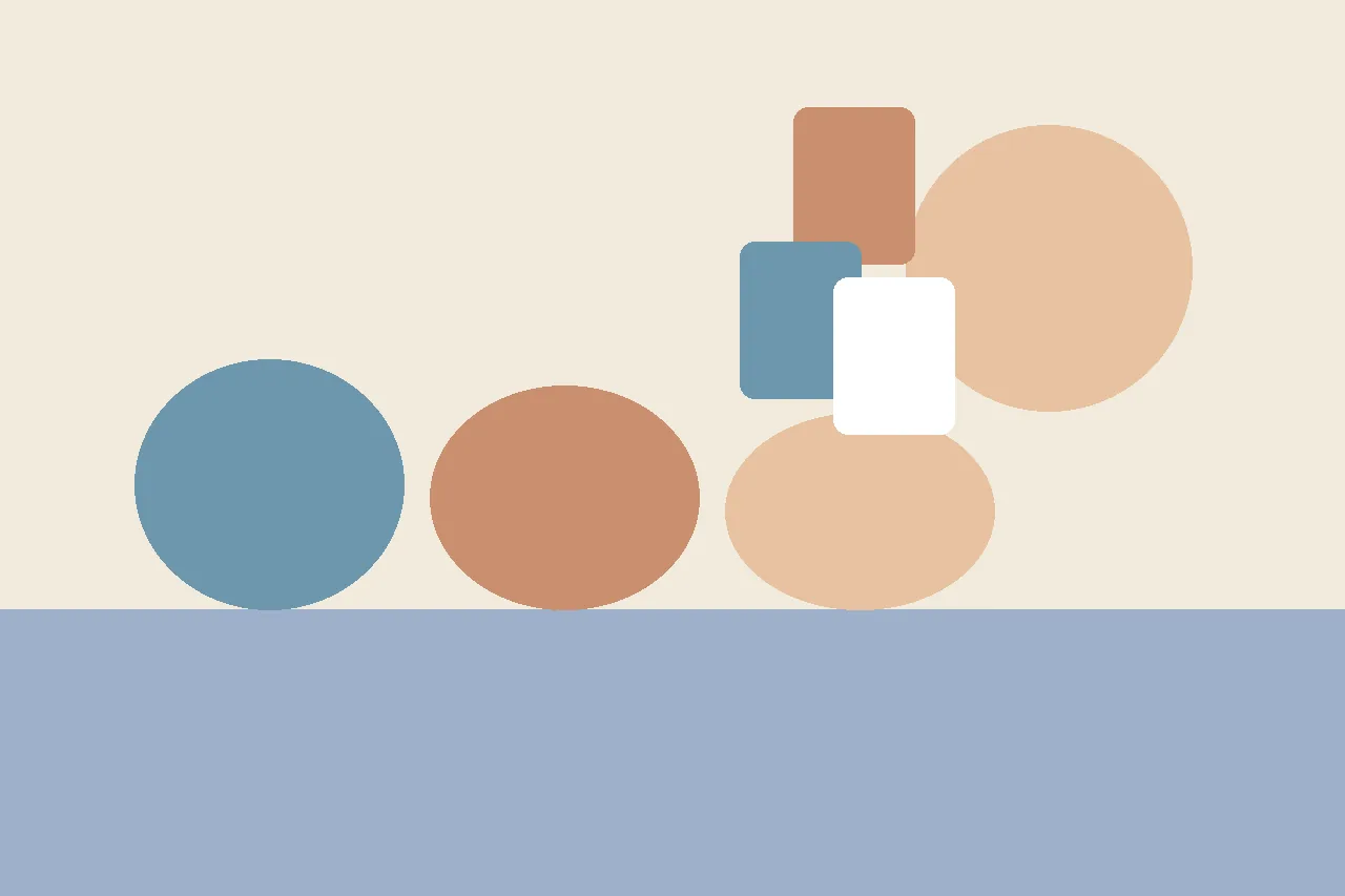 Abstract flat illustration in muted blues and peach showing a toolbox shape with several labeled tool slots and one empty slot, representing a missing social story tool.