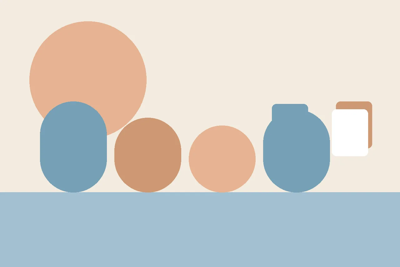 Abstract flat illustration of an open digital book on a tablet showing one image block above one text line, with a microphone icon and a speaker icon beside it, in a calm muted palette.