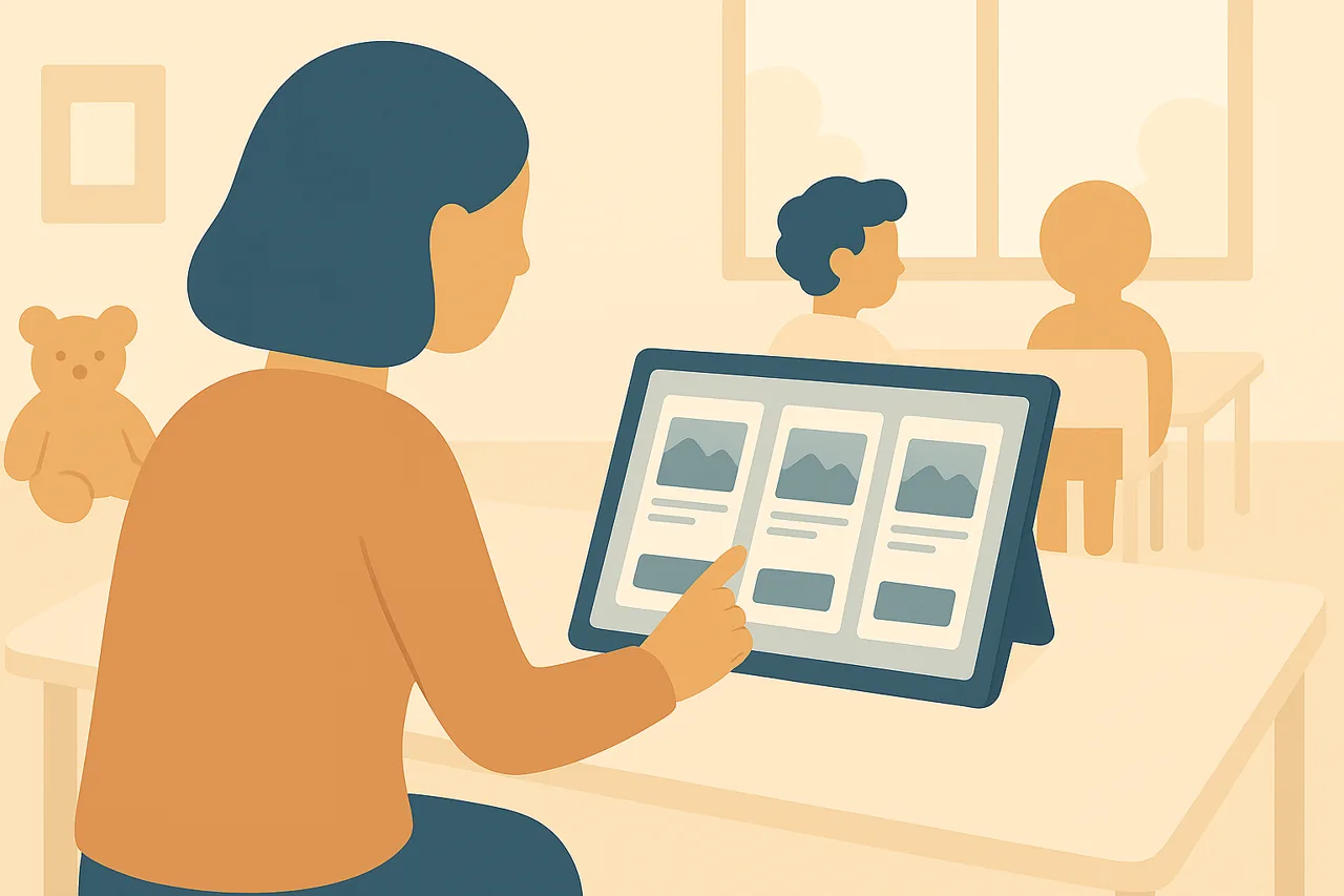 A school SLP comparing three AI tools side by side on a tablet at a small group table, viewed from behind, no facial features visible.