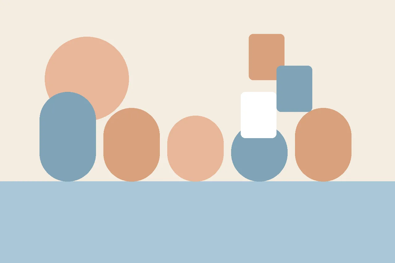 Abstract flat illustration in warm muted tones showing rounded arch shapes and floating rectangular story pages, representing a short social story for an older elementary student.