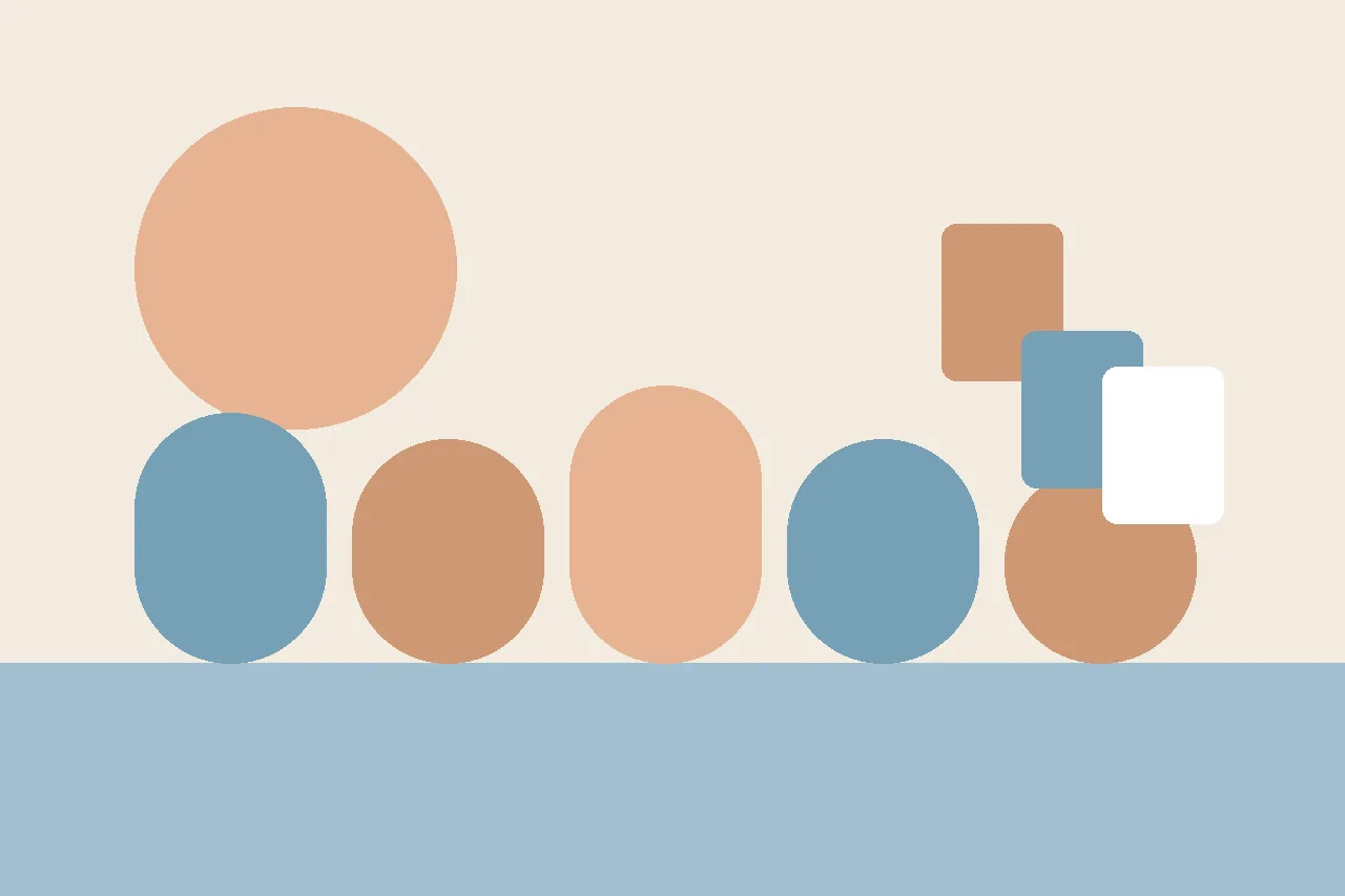 Abstract flat illustration in warm muted tones with short rounded shapes and small floating story cards, suggesting an early childhood classroom.
