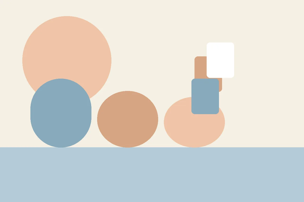 Abstract flat illustration in muted blues and peach showing lines of text beside empty framed boxes, representing AI-generated story text with missing pictures.