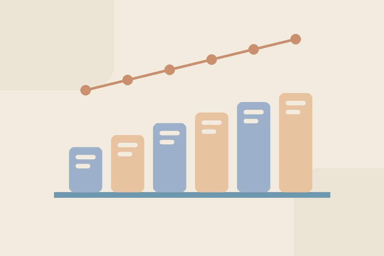 Abstract flat illustration in warm muted tones showing a row of small rounded story cards on a shelf with a slow rising line above them, suggesting change measured over several weeks.