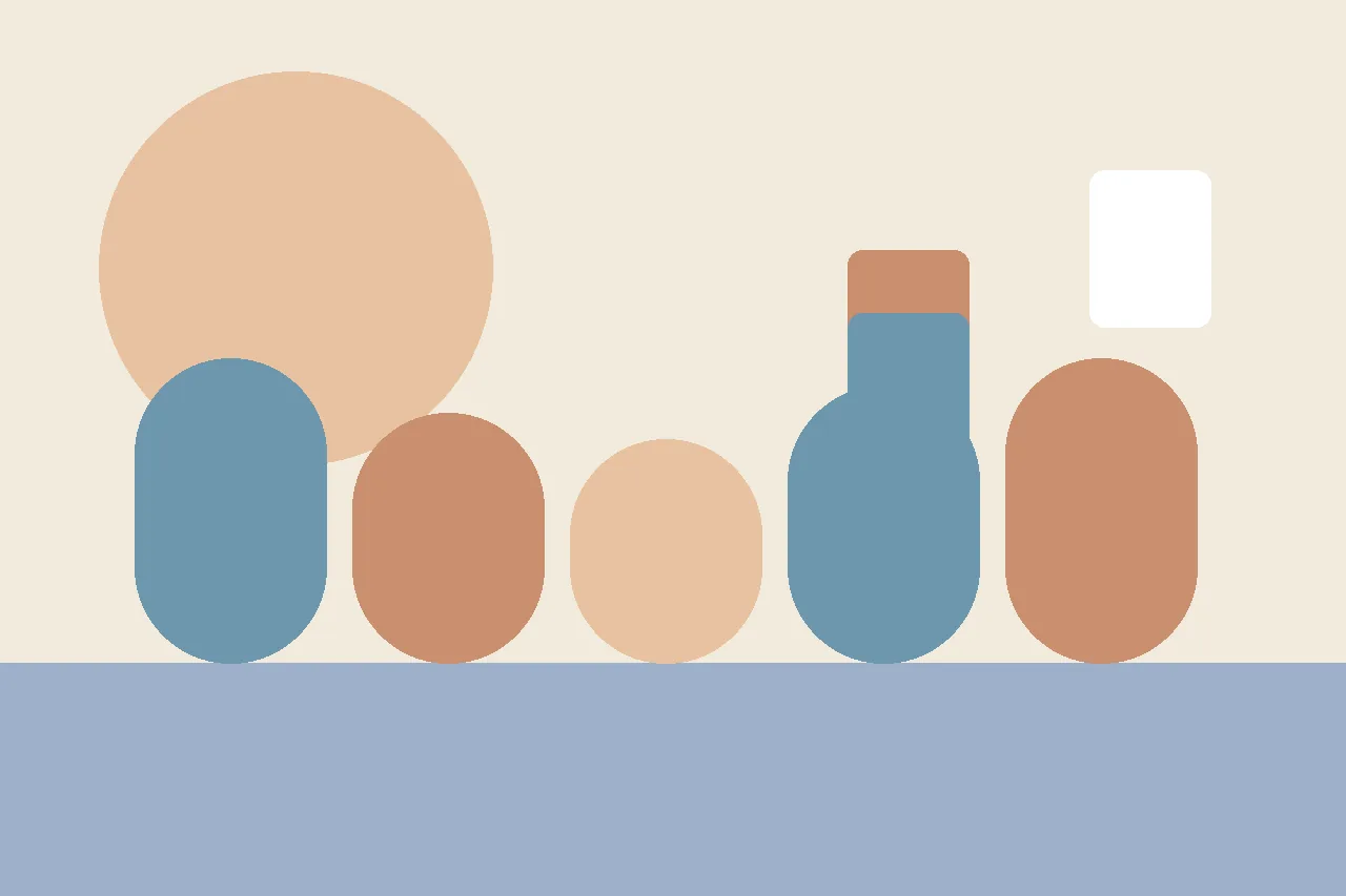 Abstract flat illustration in muted blue, peach, and cream shapes representing a browser-based story builder next to printed story pages.