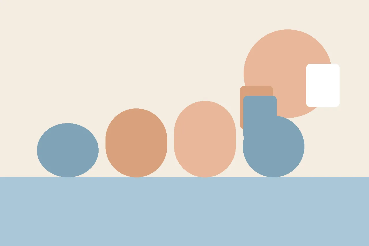 An abstract flat illustration in muted blues and peach, used as the article header for the LessonPix social story review.