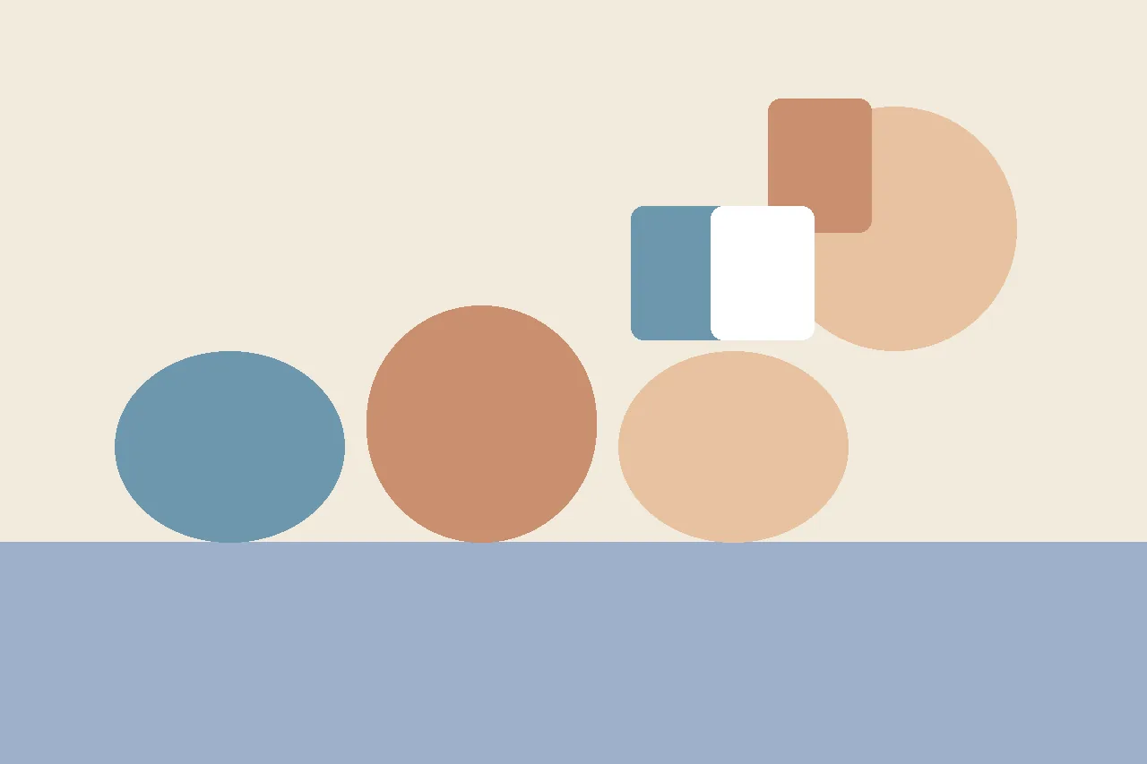 An abstract flat illustration in muted blue and peach tones, used as the article header for a review of Ozzystory for making social stories.