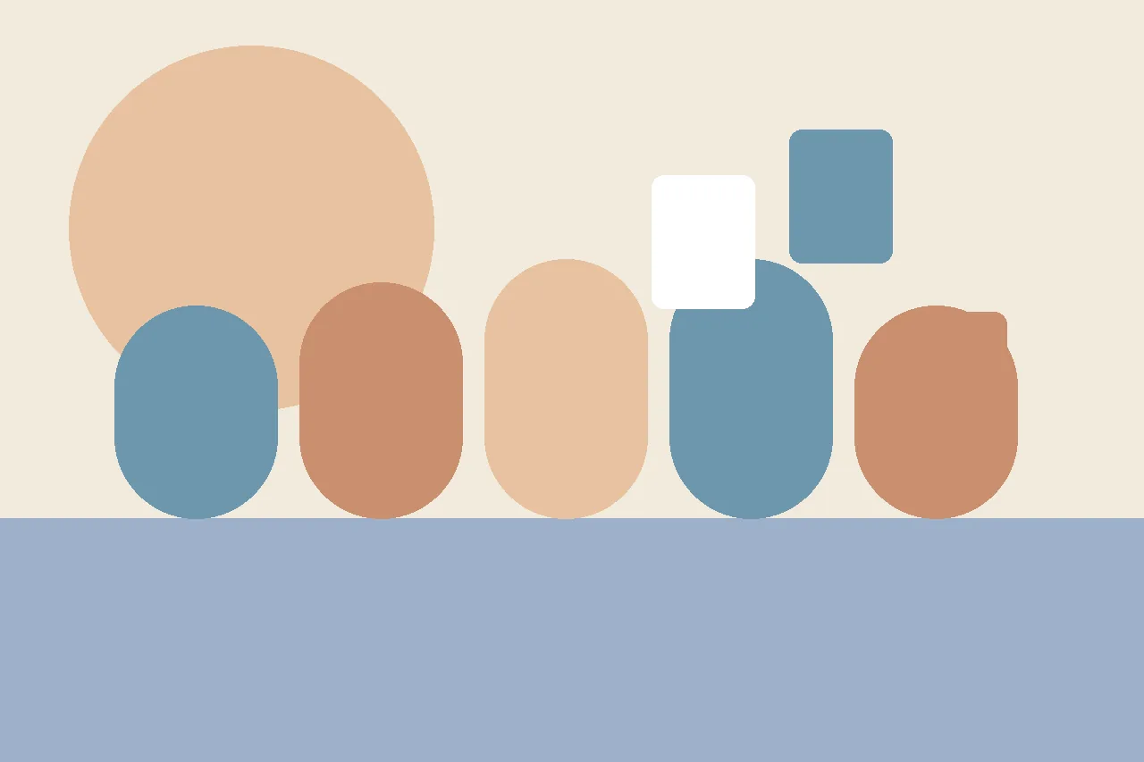 Abstract flat illustration in muted cream and blue tones showing rounded shapes and floating story cards, representing a digital social narrative app.