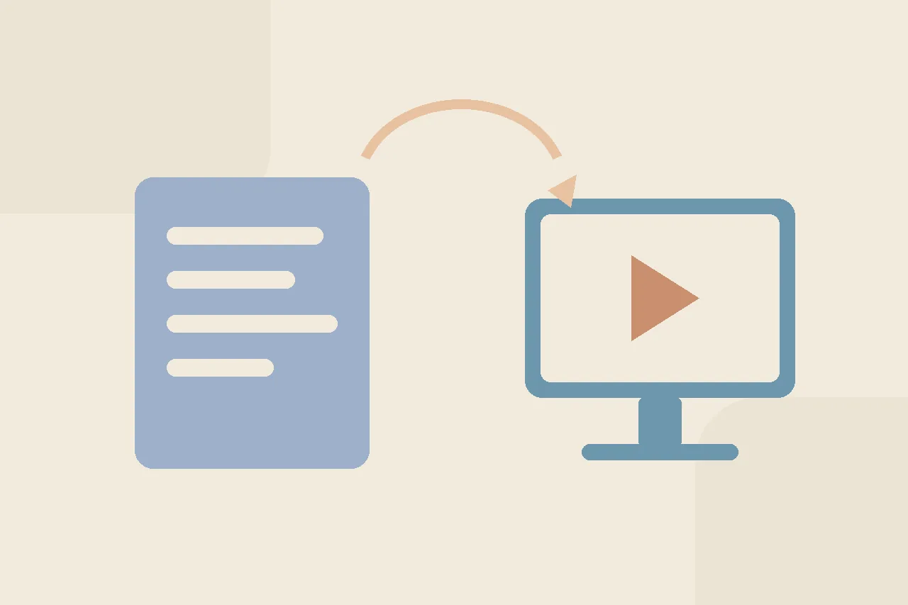 Abstract flat illustration in warm muted tones showing a small rounded story card beside a rectangular screen shape with a play triangle, connected by a soft arc.