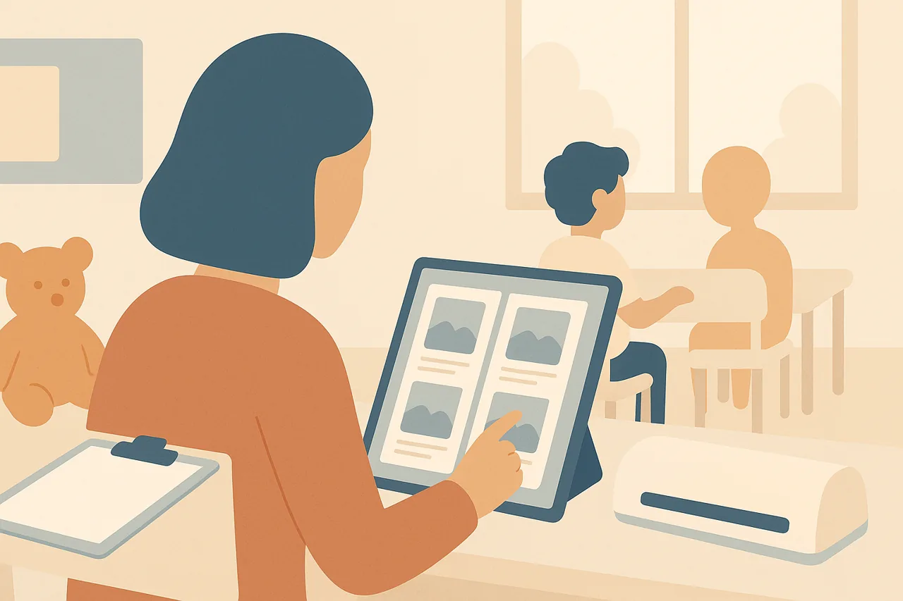 A school SLP's desk with a caseload folder, a printed social story draft, and a phone showing a parent message, illustrated in a flat muted style with no faces.