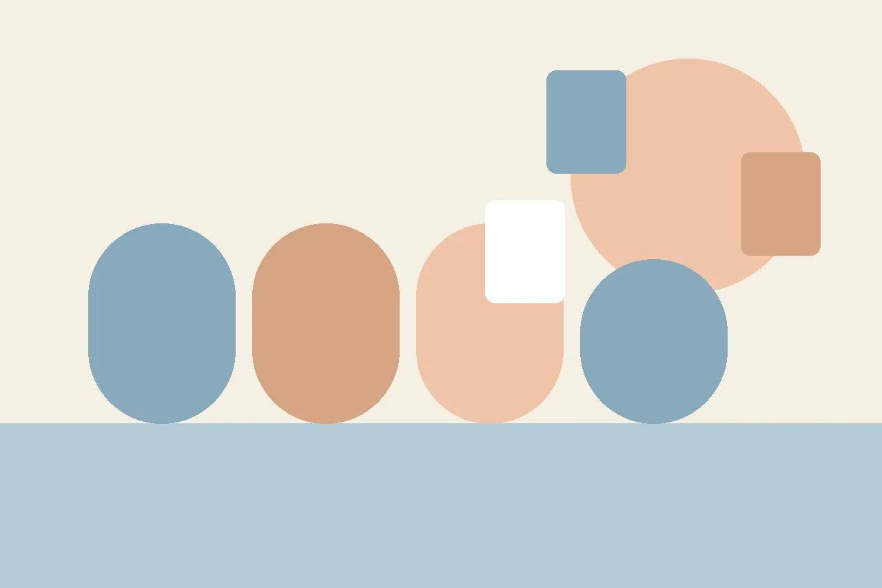 Abstract flat illustration in muted blues and peach showing an open storybook shape beside gentle repeating wave lines, representing a social story about self-regulating movement.