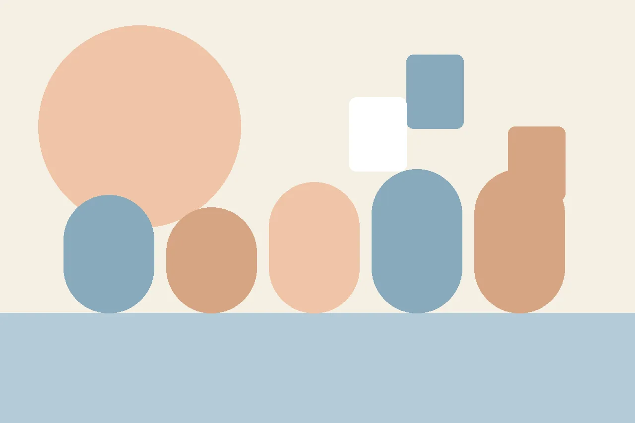 Abstract flat illustration in warm muted tones with a large circle above a grouped row of rounded shapes, suggesting a class gathered on a carpet.