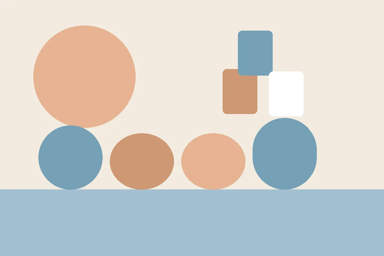 Abstract flat illustration in muted blues and peach showing paper streamers and a cup shape beside a small clock, representing a classroom celebration with a known end time.