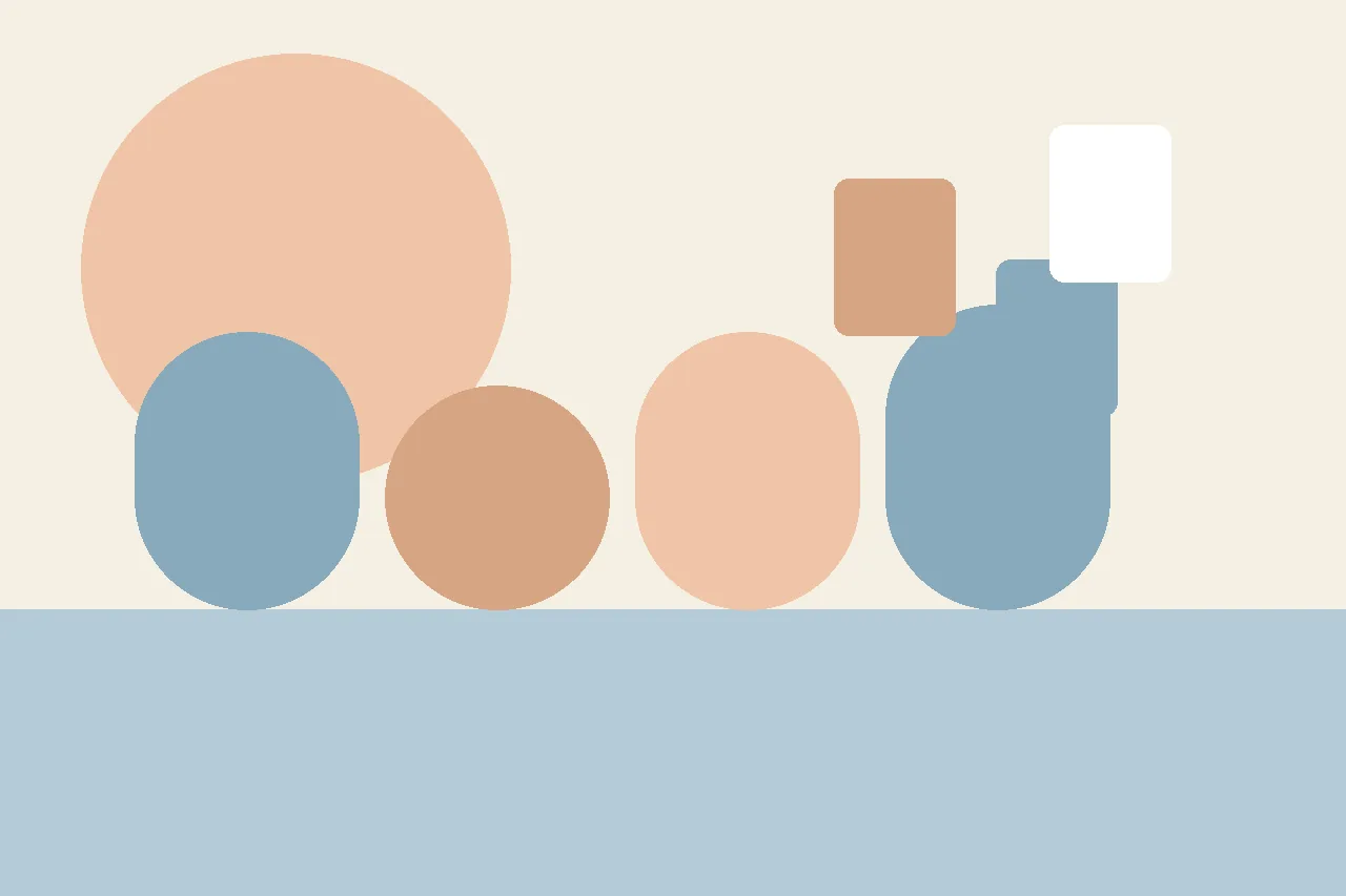 Abstract flat illustration in warm muted tones showing rounded shapes standing in a row above a wide horizontal band, representing a curb and a street crossing.