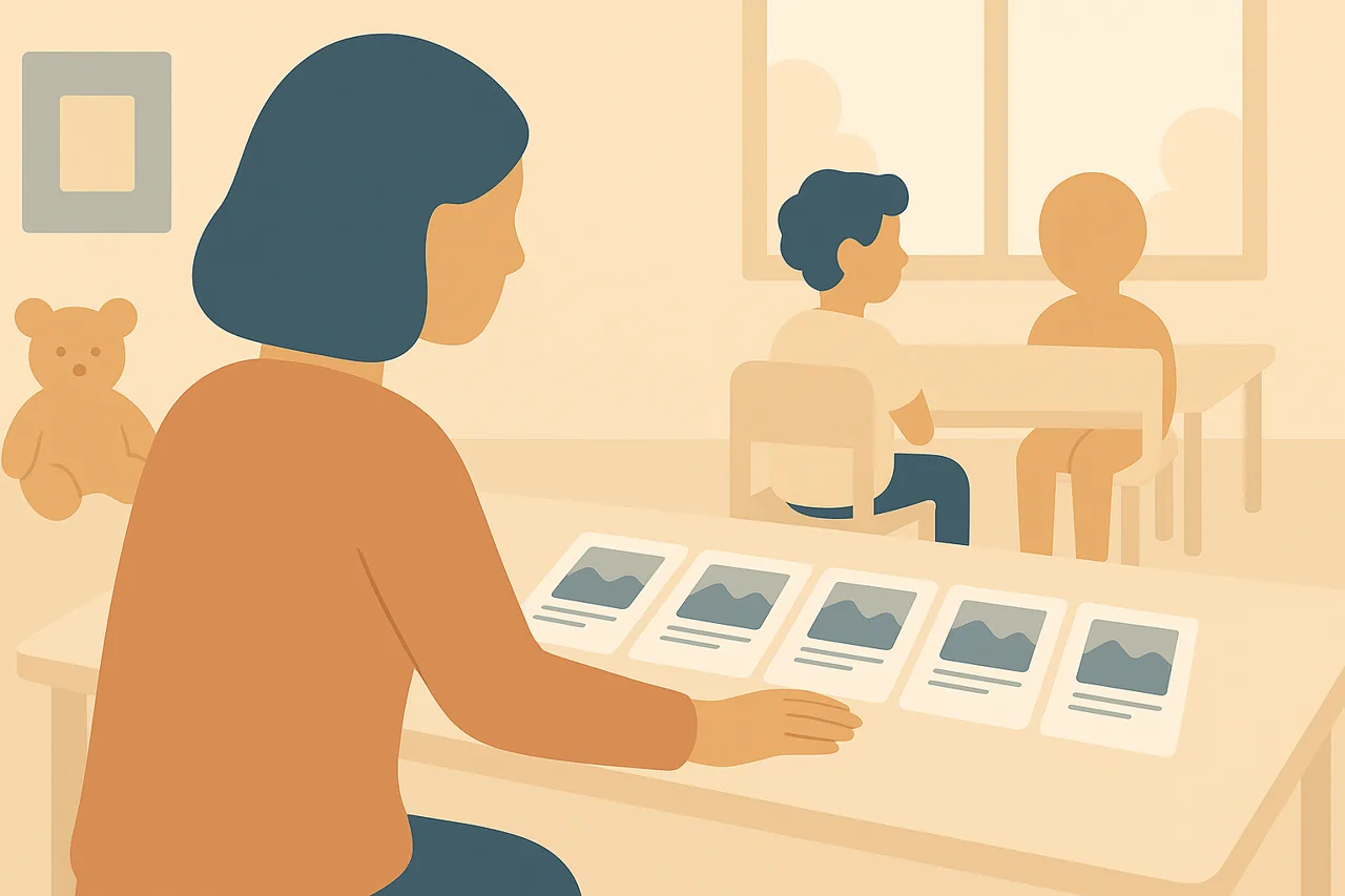 A pediatric OT and a young student, viewed from behind, looking at a 5-page social story showing a doctor's office, a chair, and a small bandage.