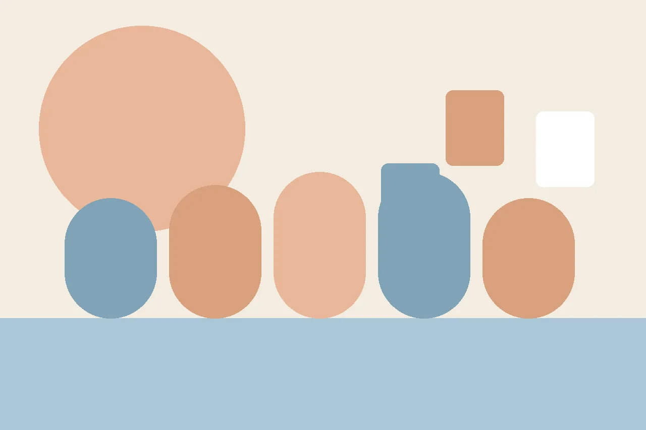 An abstract flat illustration in muted blue and peach tones, used as the article header for a guide to writing an earthquake drill social story for K-5 students.