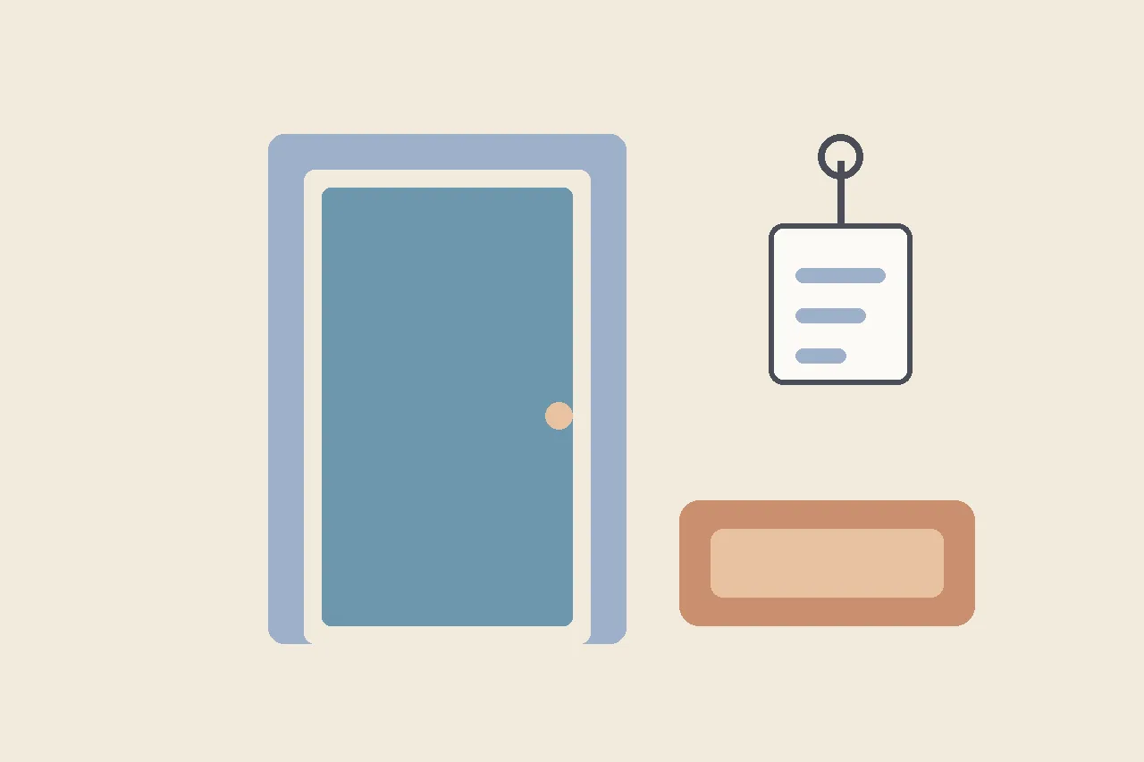 Flat illustration in warm muted tones showing an open classroom doorway with a small carpet square and a raised hand symbol beside it, suggesting a safe alternative to leaving the room.