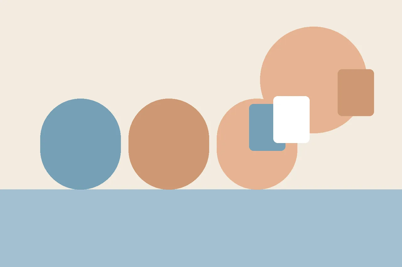 Abstract flat illustration of a tablet on a classroom table beside a visual timer and a bin, with a simple three-step arrow sequence between them, in a calm muted palette.