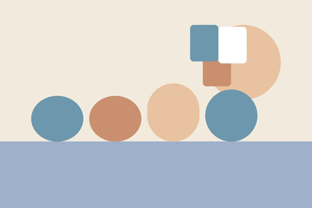 Abstract flat illustration in muted blue, peach, and cream shapes representing an outdoor school event with story pages floating above.
