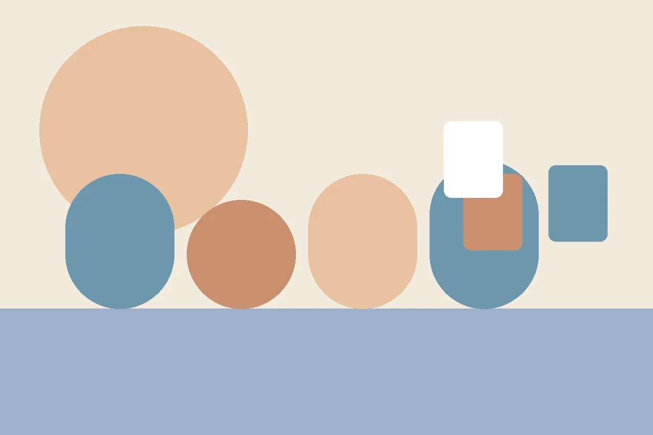 Abstract flat illustration in muted blue, peach, and cream shapes representing rising and settling emotional intensity across story pages.
