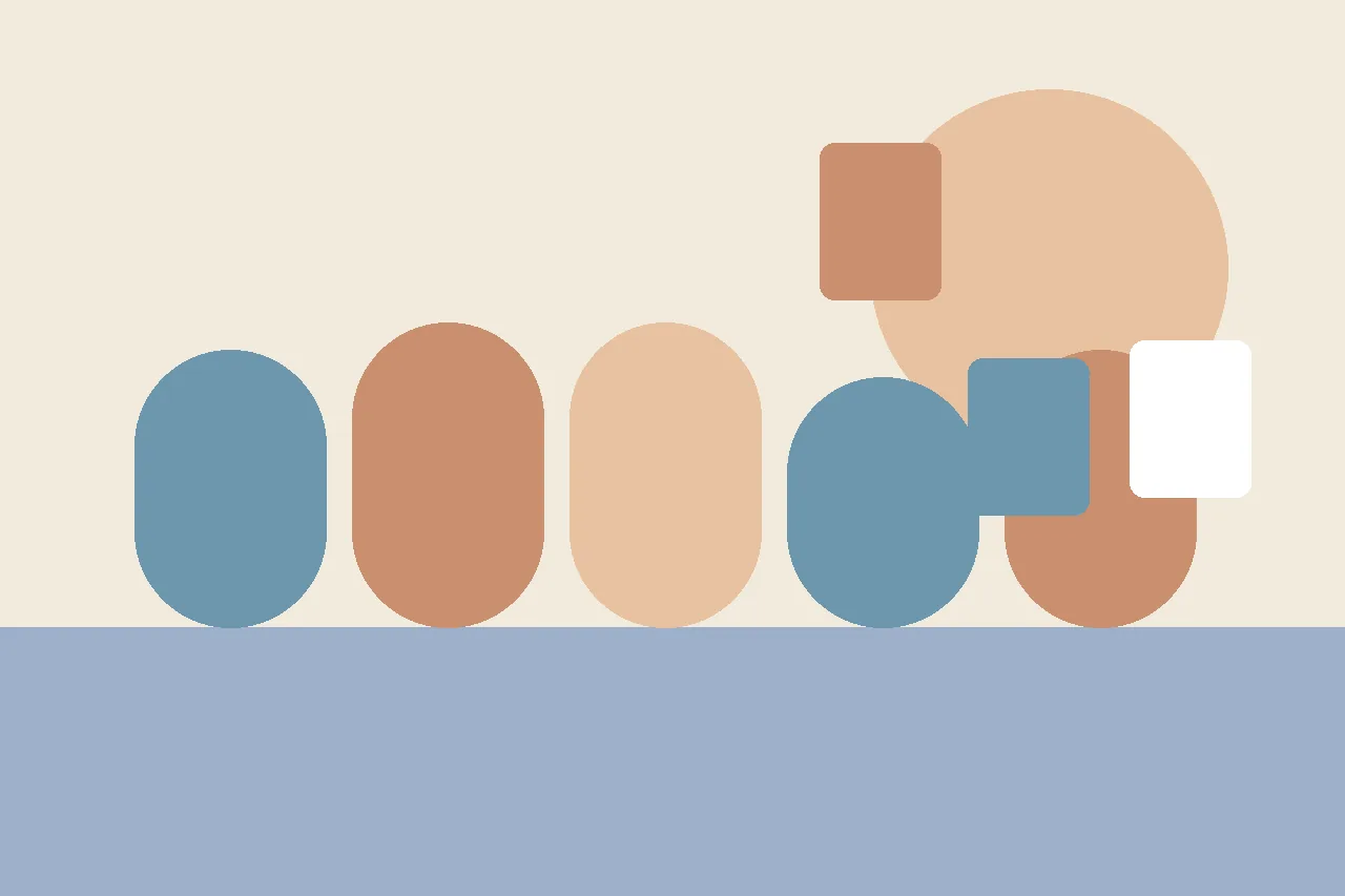 Abstract flat illustration in muted blues and peach suggesting a hallway path leading to a small quiet room, representing a speech room pull-out routine.