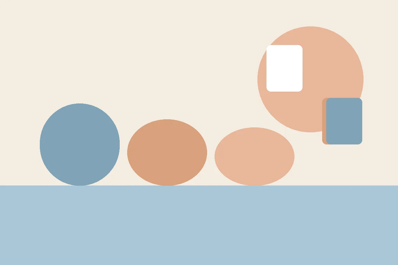 Abstract flat illustration of a school entrance doorway with a small backpack on one side and a classroom cubby on the other, connected by a simple step sequence, in a calm muted palette.