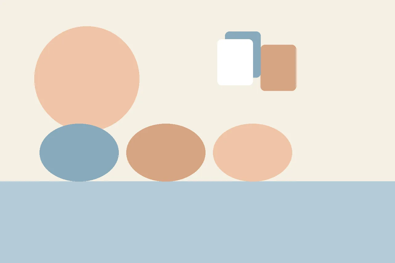 Flat illustration in warm muted tones showing a large open room with a painted circle on the floor, a rack of round shapes, and small abstract figures standing at spaced markers.
