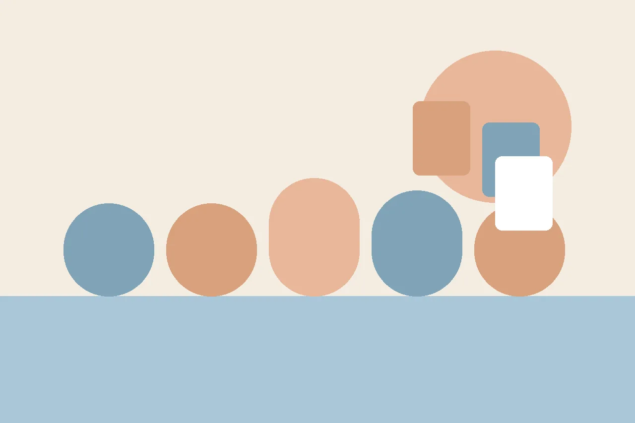 Abstract flat illustration of an empty small-group table in a school speech room with a picture card, a notepad, and a chair turned slightly away, in a calm muted palette.