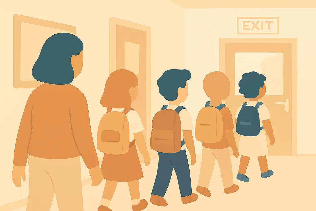 An empty elementary school hallway with colored floor line markers, lockers, and a wall sign, illustrated in a flat muted style with no people.