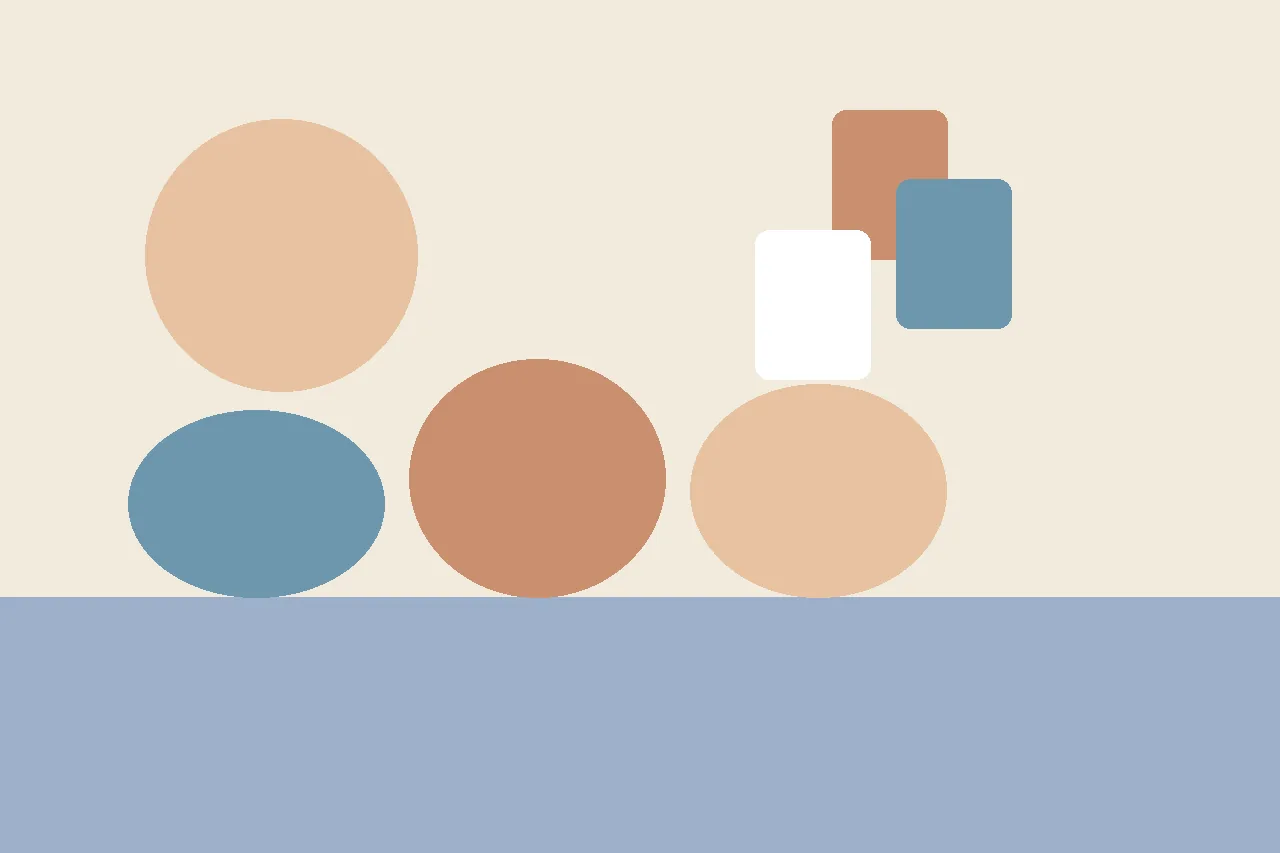 Abstract flat illustration of a story page with a plain routine sequence in the center and a themed decorative border of small favorite-object icons around the edge, in a calm muted palette.