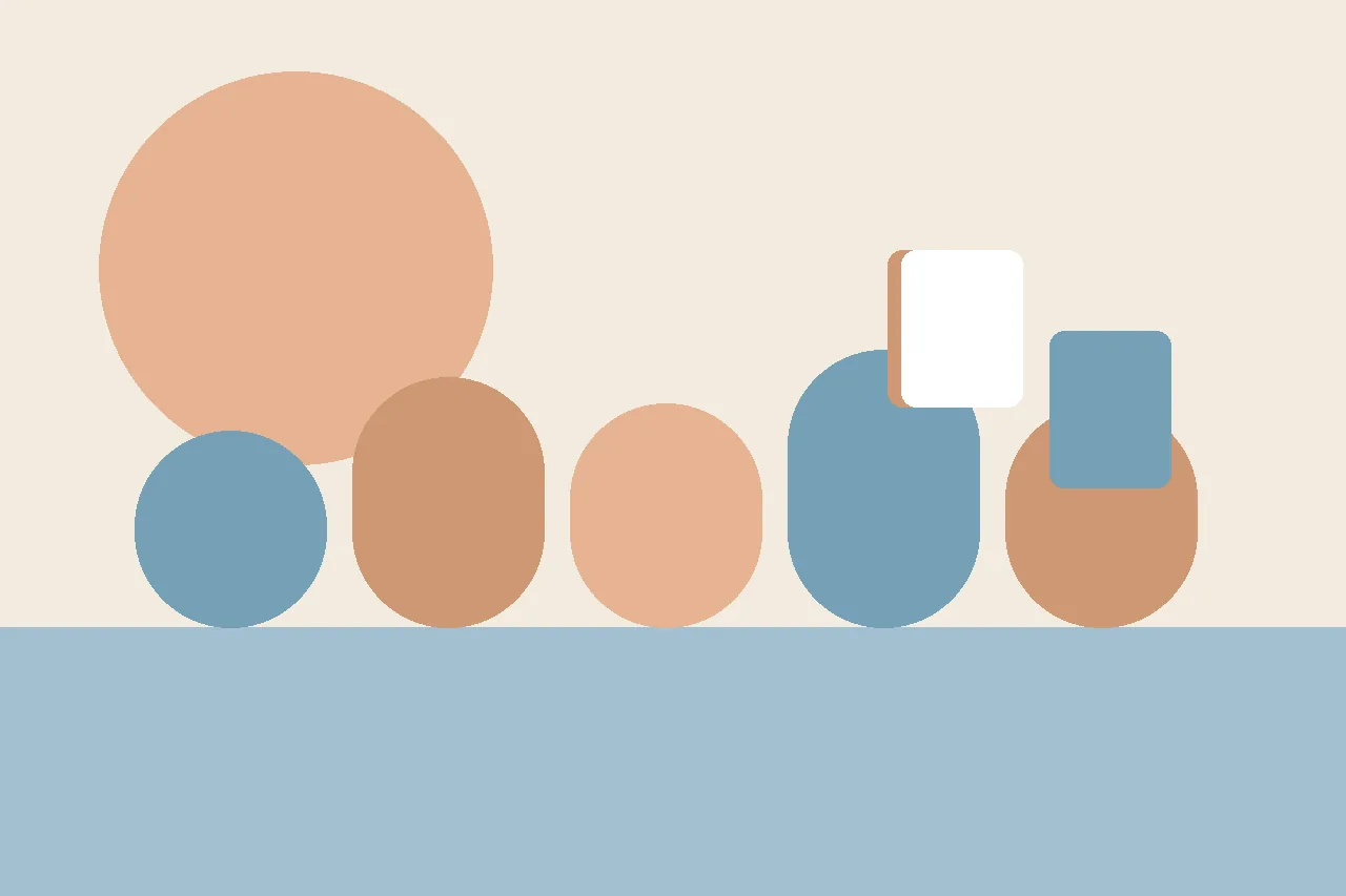 Abstract flat illustration in muted blues and peach showing a larger page shape beside a smaller card shape, representing a social story next to a Power Card.