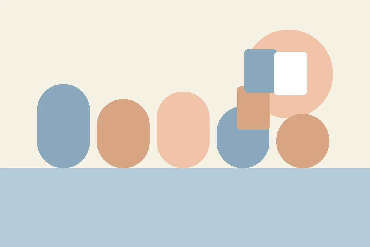 Abstract flat illustration in warm muted tones showing rounded arch shapes next to a separate group of small floating cards, representing a social story beside a social script.