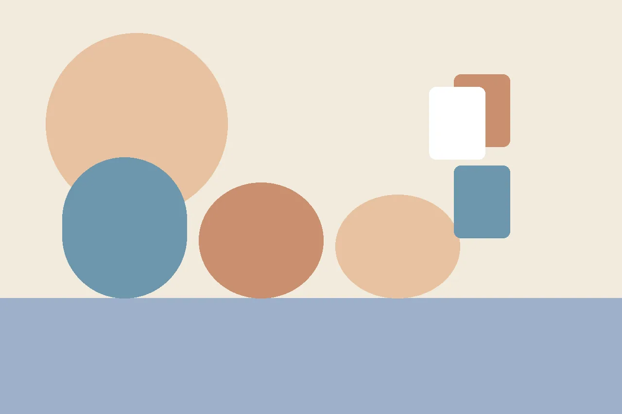 Flat illustration in warm muted tones showing an open book shape on one side and a distant doorway on the other, with a gap of empty cream-colored space between them.