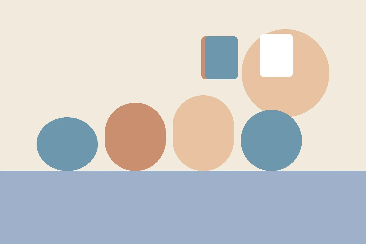 Abstract flat illustration in warm muted tones with rounded columns of stepped heights and small floating story cards, suggesting matching text difficulty to a student's level.