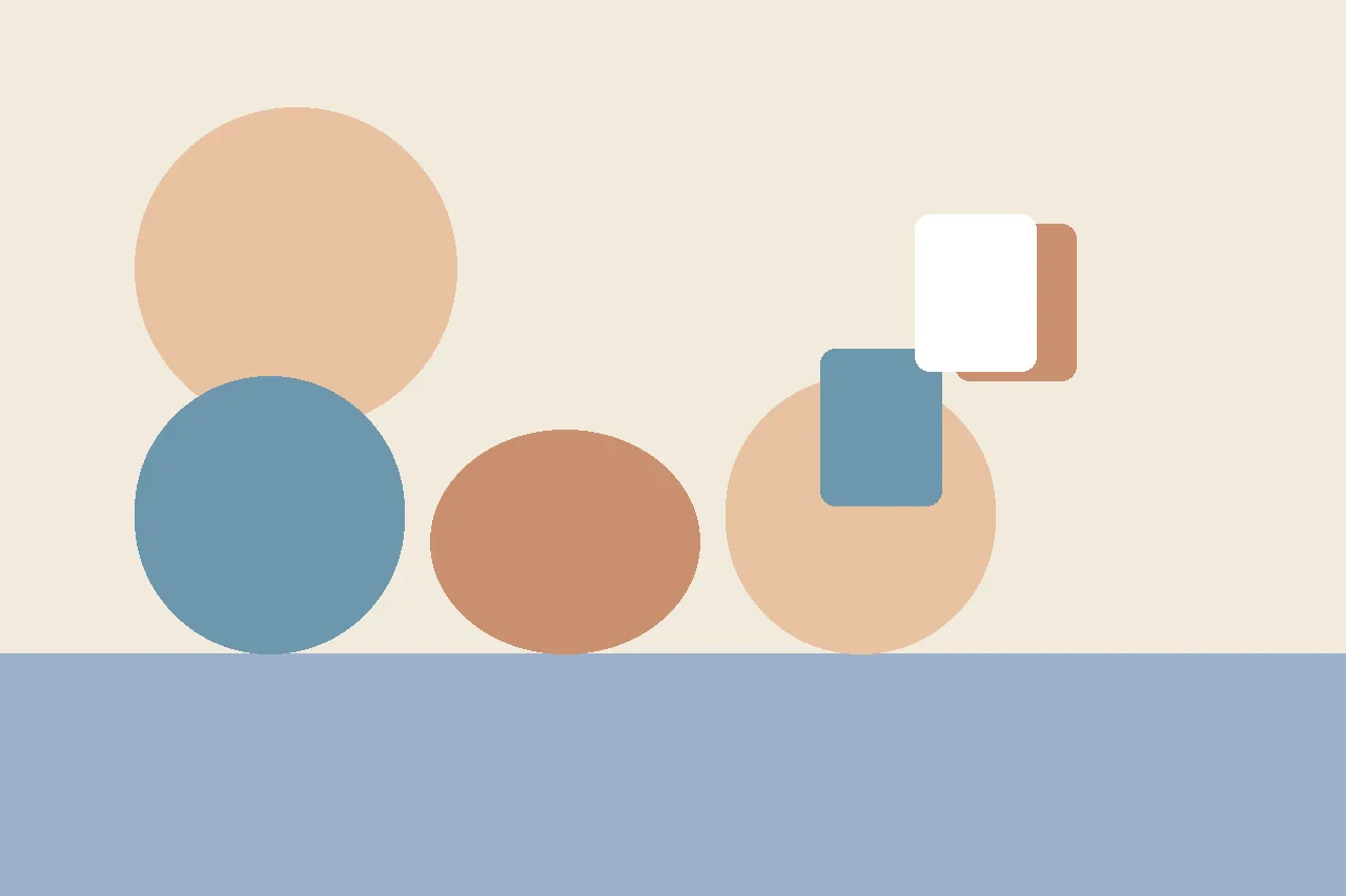 Abstract flat illustration in muted blue, peach, and cream shapes representing a reusable story template with a few highlighted fields.