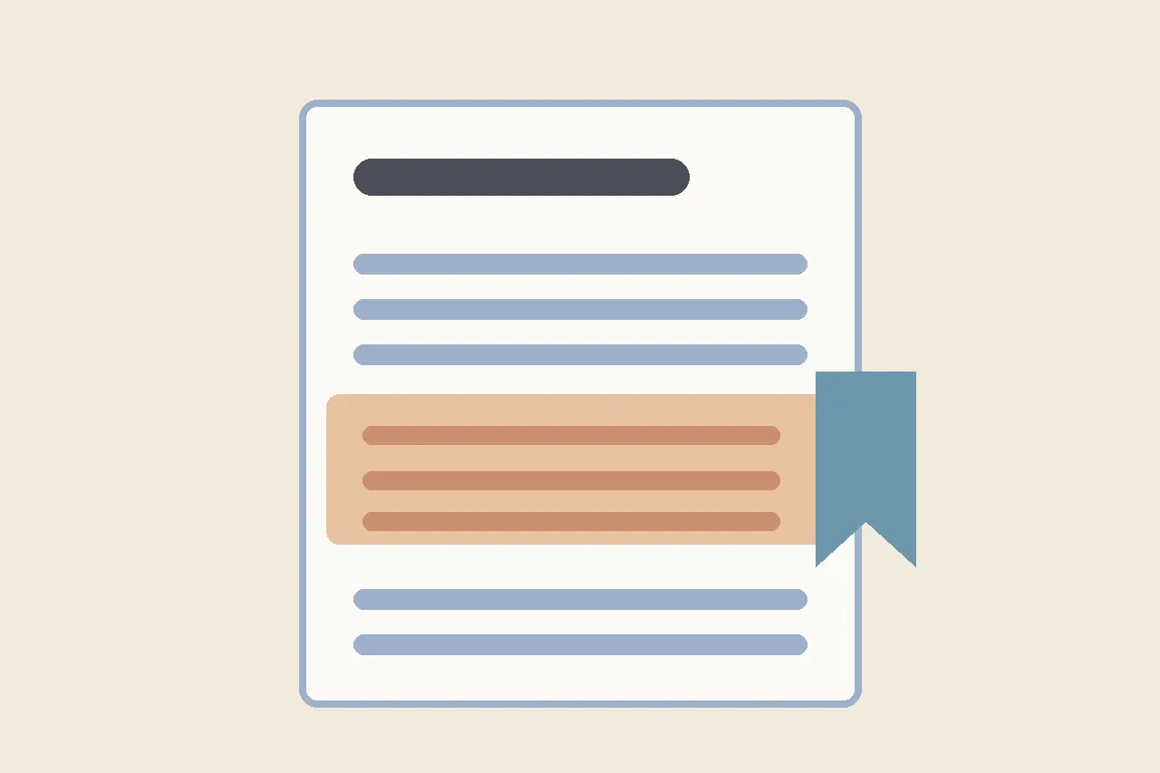 Flat illustration in warm muted tones showing a multi-section document outline with one section highlighted and a small bookmark tab, suggesting where a support is recorded in an IEP.