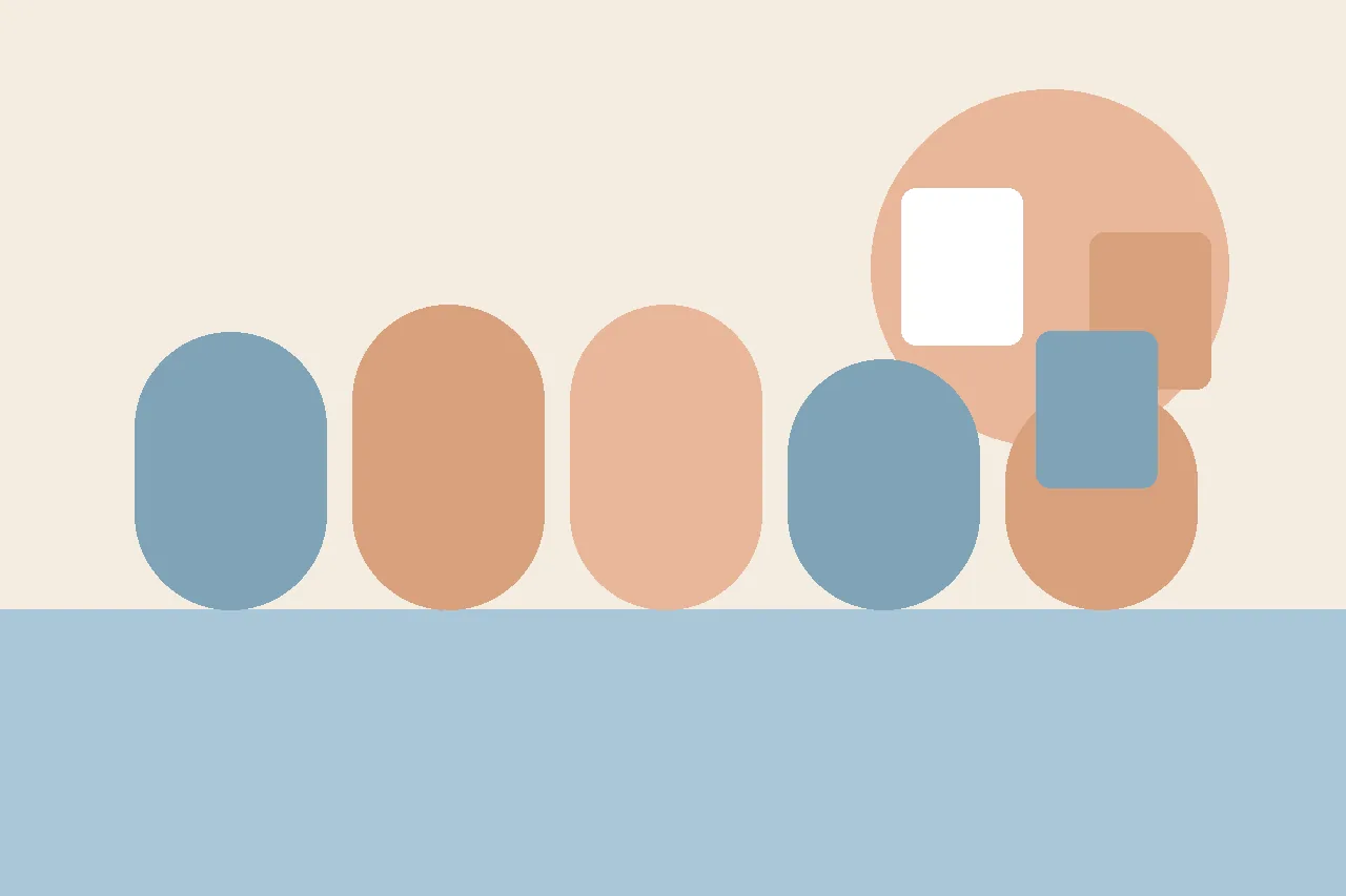 A flat illustration of a story booklet on a small therapy table with an arrow leading toward a larger hallway and cafeteria doorway.